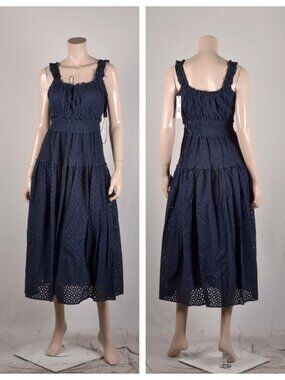 Elie Tahari Eyelet Smocked Midi Dress Navy
